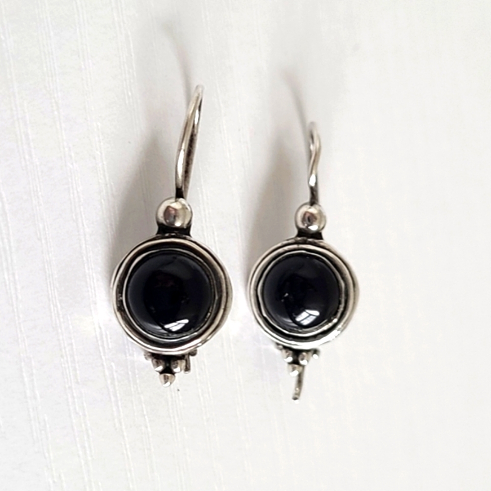 Vintage Sterling Silver Black Onyx Cabochon Art Deco Round Boho Drop Earrings